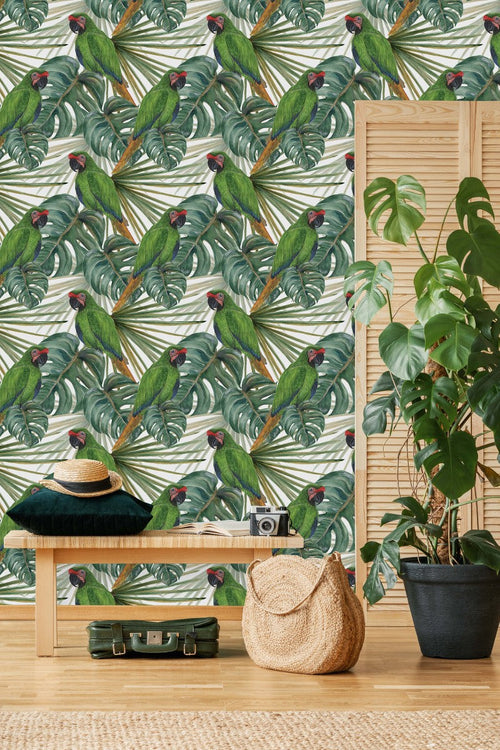 Parrots on Monstera Leaves Wallpaper