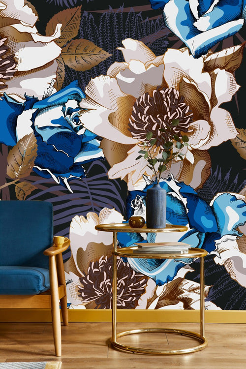 Brown and Blue Flowers Wallpaper
