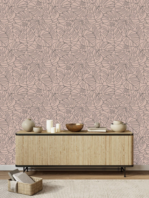Beige Monstera Contour Leaves Wallpaper