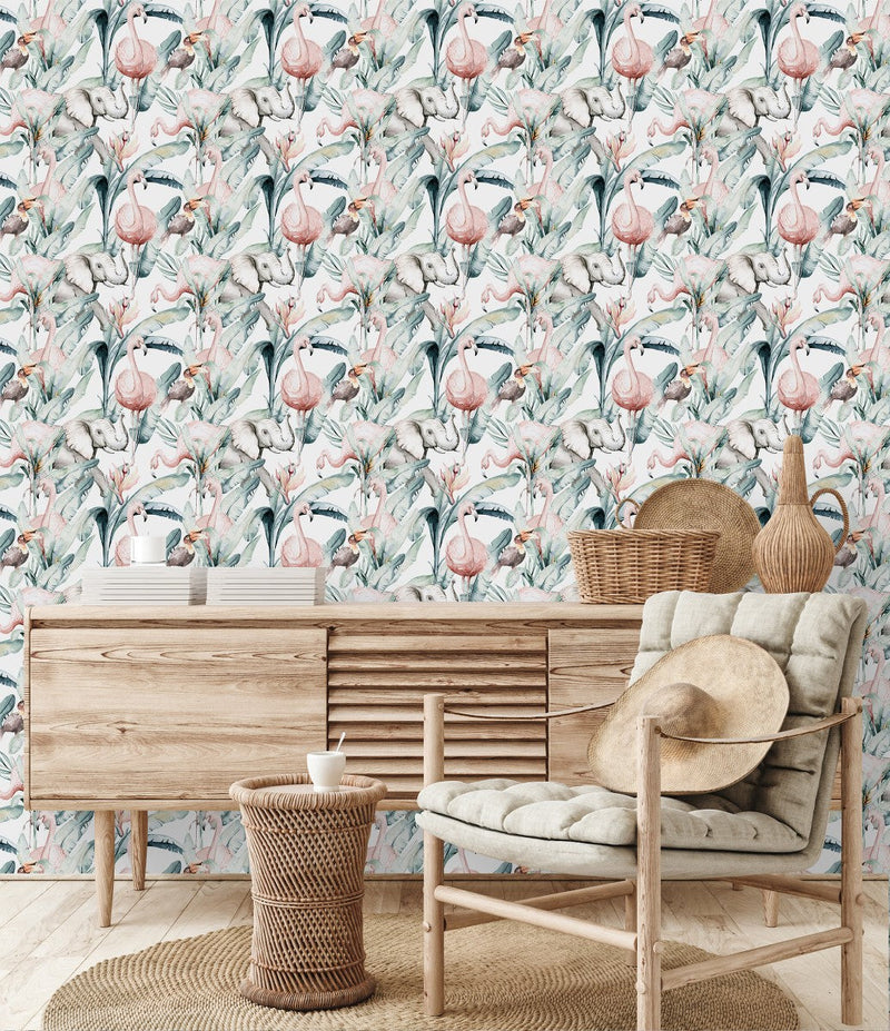 Elephants and Flamingos Wallpaper