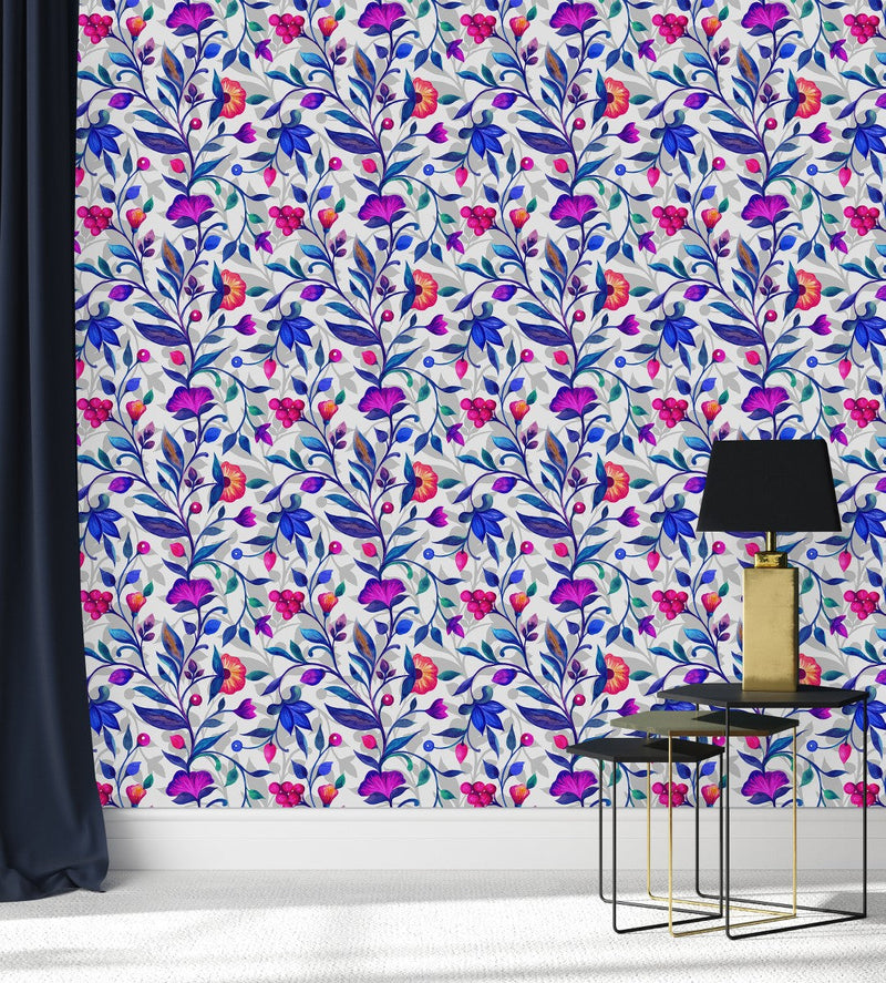 Blue Floral Leaves Wallpaper
