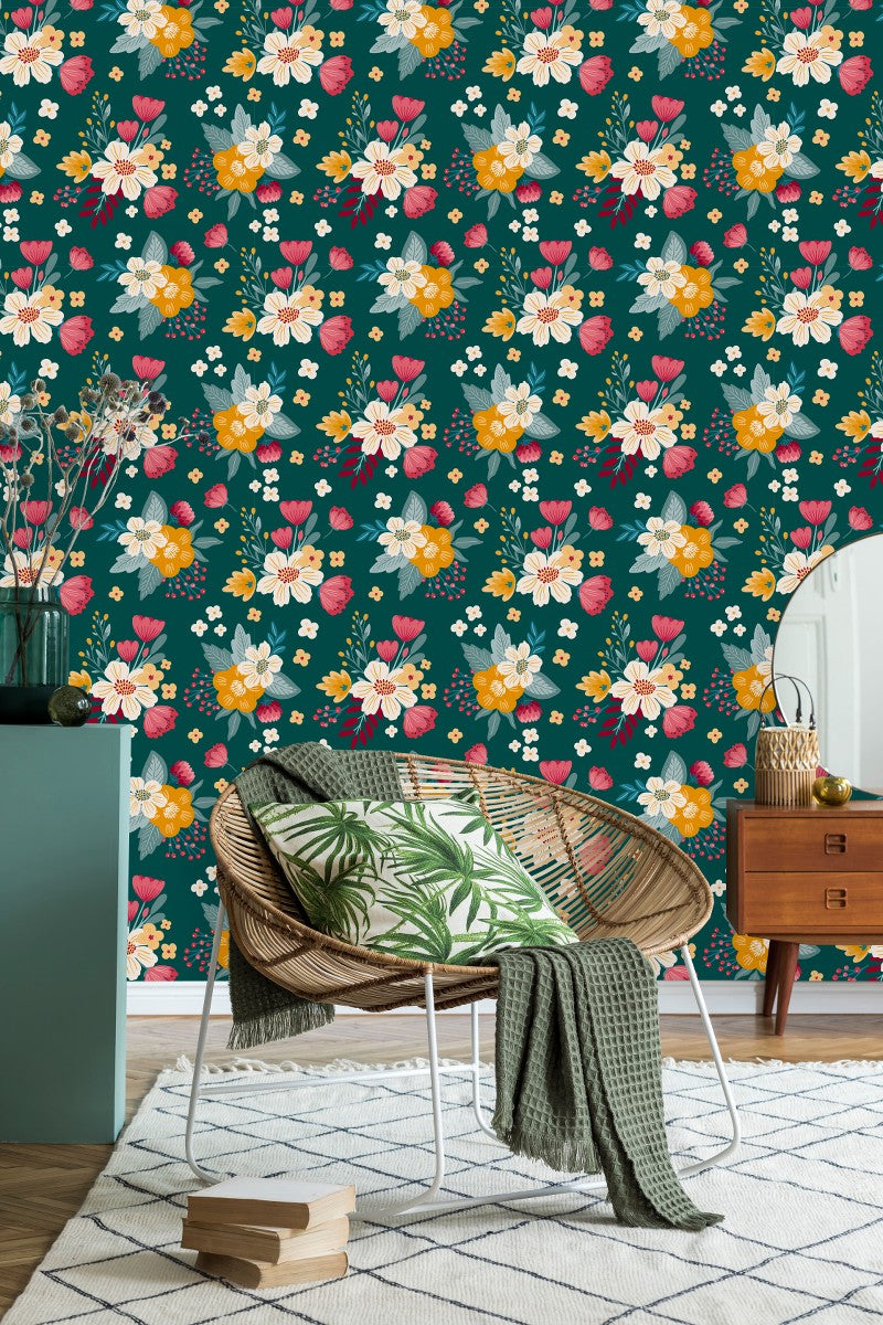Modish Green Wallpaper with Flowers Smart