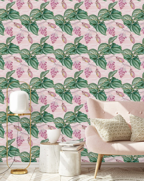 Pink Wallpaper with Leaves and Flowers