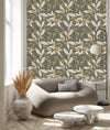 Grey Wallpaper with Leaves and Berries