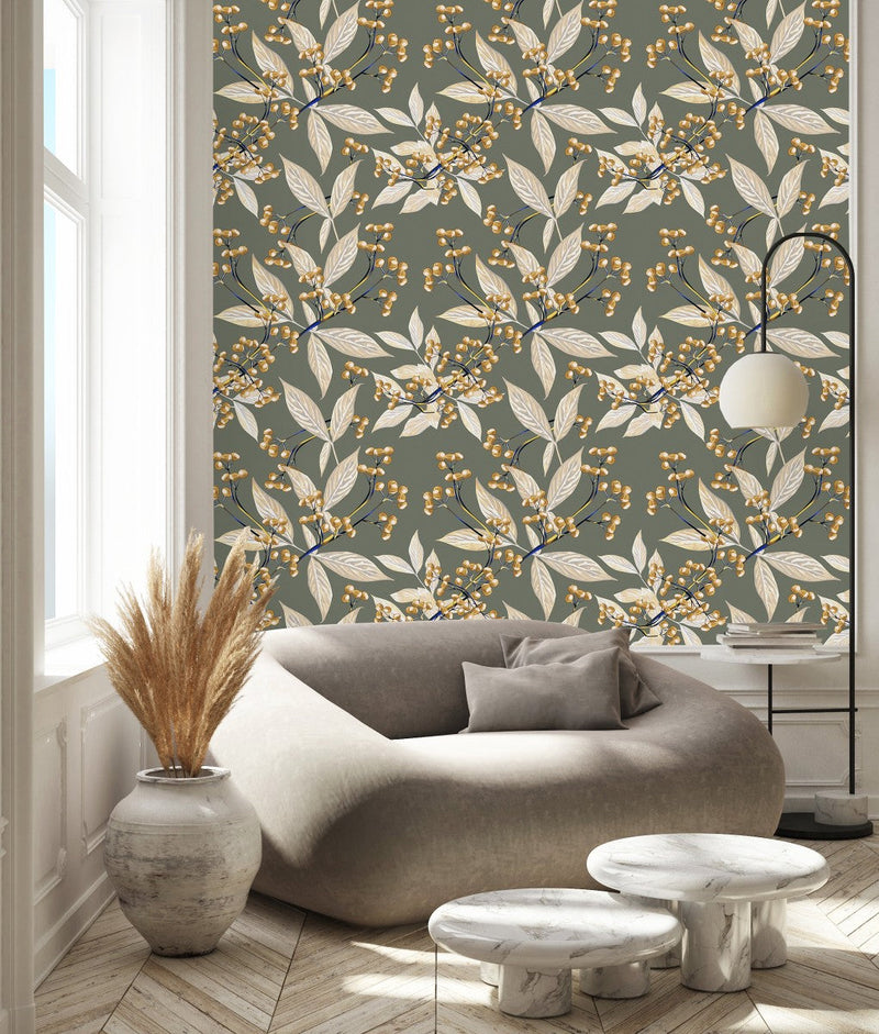 Grey Wallpaper with Leaves and Berries