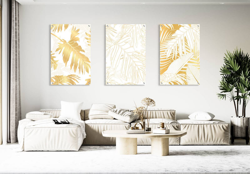 Gold and White Leaves Pattern Set of 3 Prints Modern Wall Art Modern Artwork