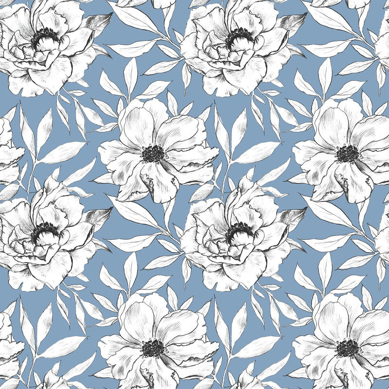 Blue Wallpaper with White Flowers