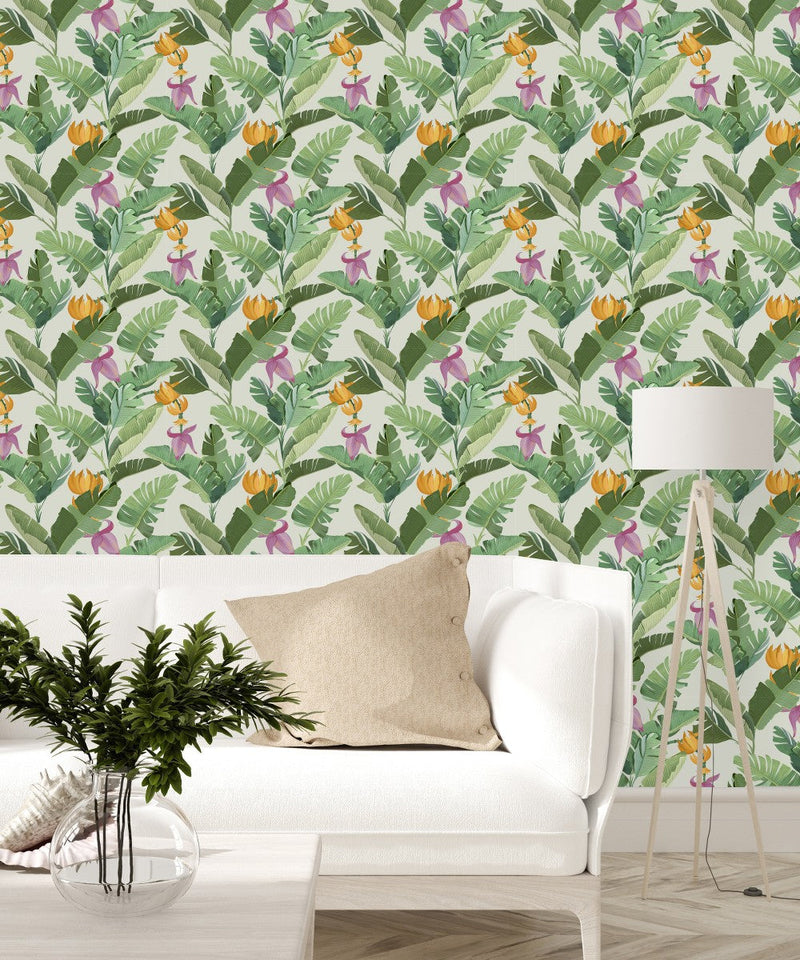 Palm Leaves and Exotic Flowers Wallpaper