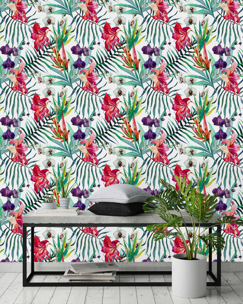 Orchid and Palm Leaves Wallpaper