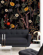 Modish Modern Black Wallpaper with Wildflowers