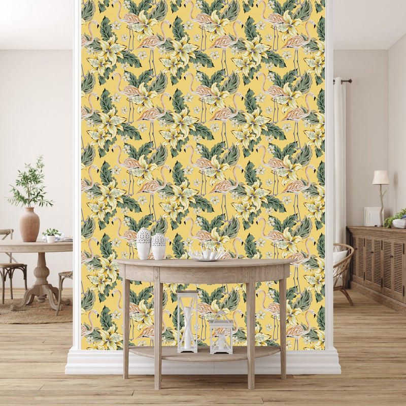 Yellow Wallpaper with Flamingos