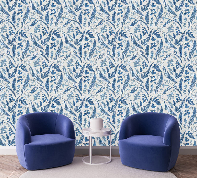 Modish Blue Fern Leaves Wallpaper Chic