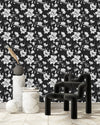 Black Wallpaper with White Flowers