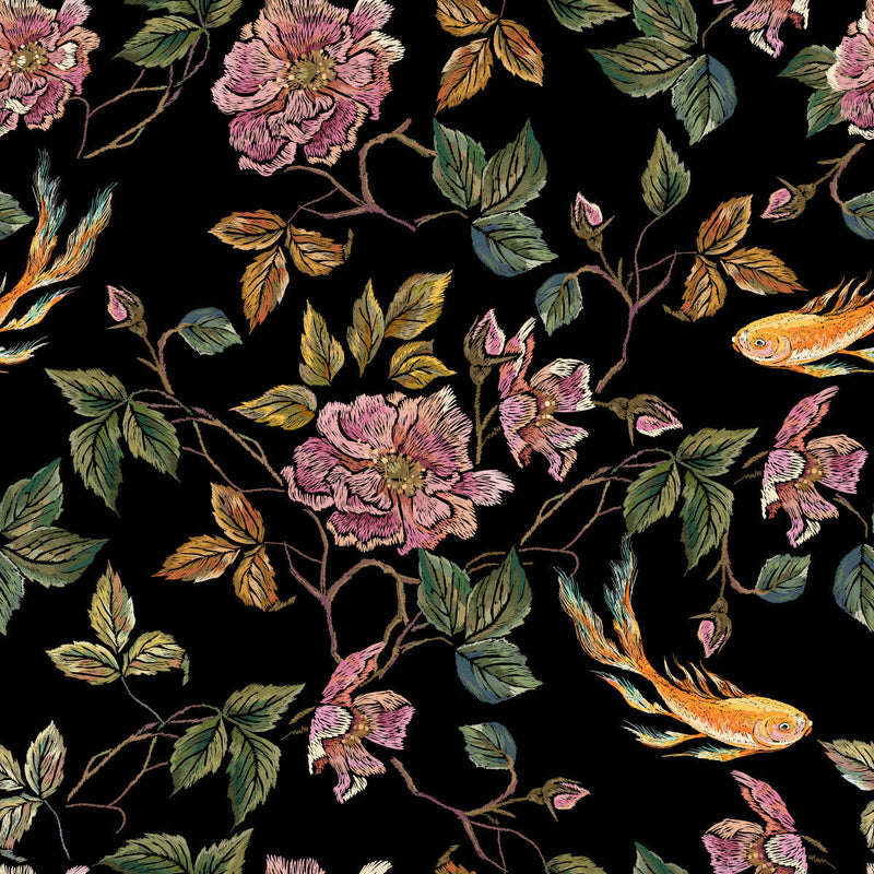 Flowers and Gold Fish Pattern Wallpaper