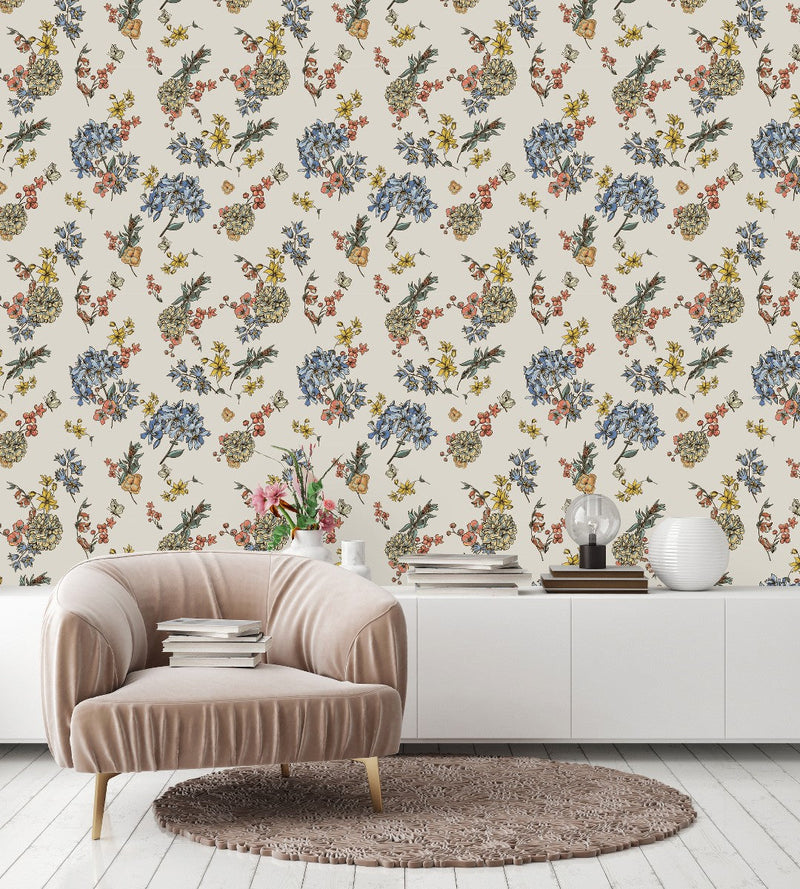 Beige Wallpaper with Floral Pattern