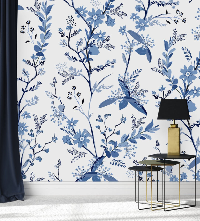 Modish Modern Blue Floral Wallpaper