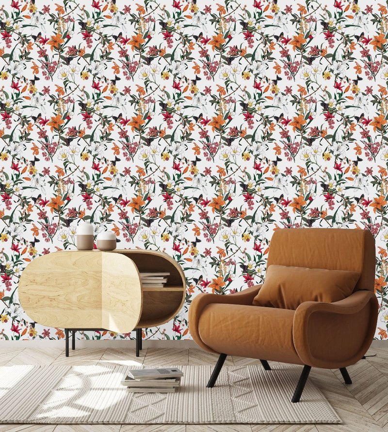 White Wallpaper with Lilies