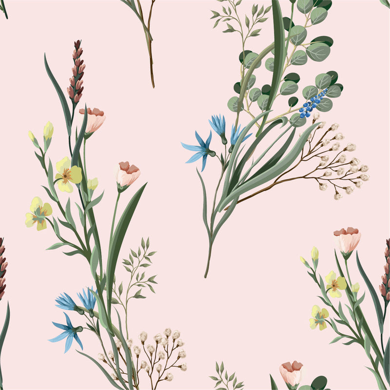 Pink Wallpaper with Meadow Flowers
