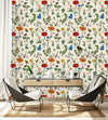 Beige Floral Wallpaper with Dragonfly