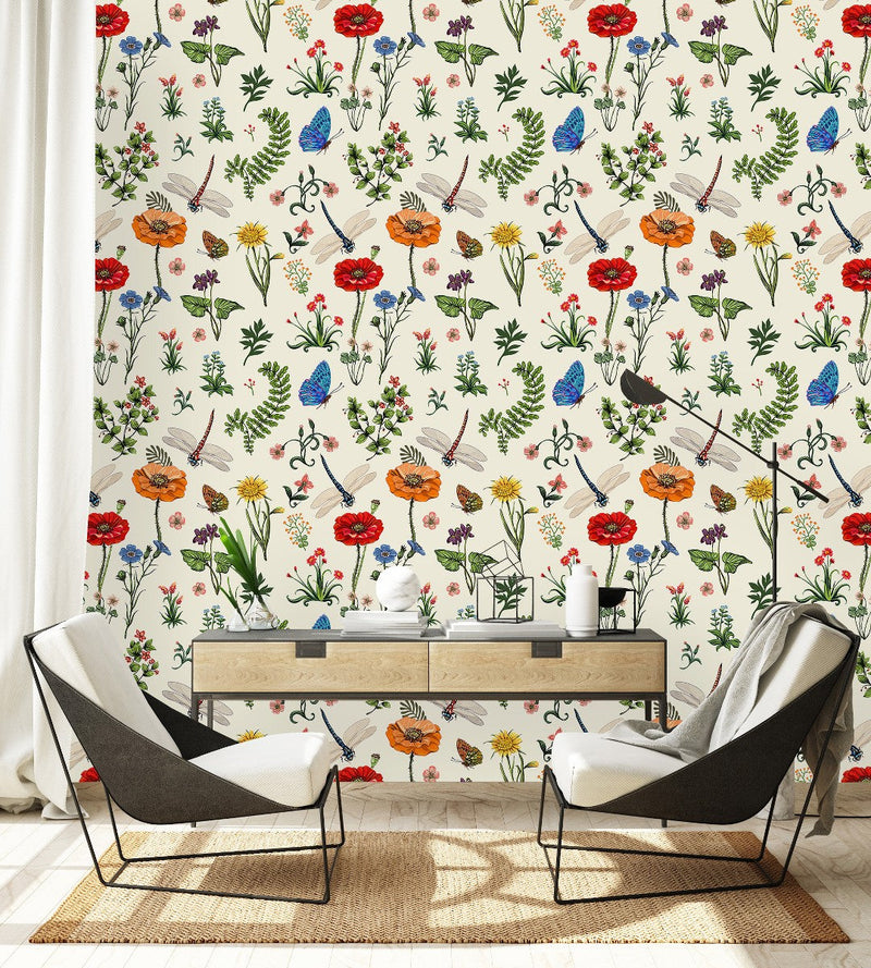 Beige Floral Wallpaper with Dragonfly