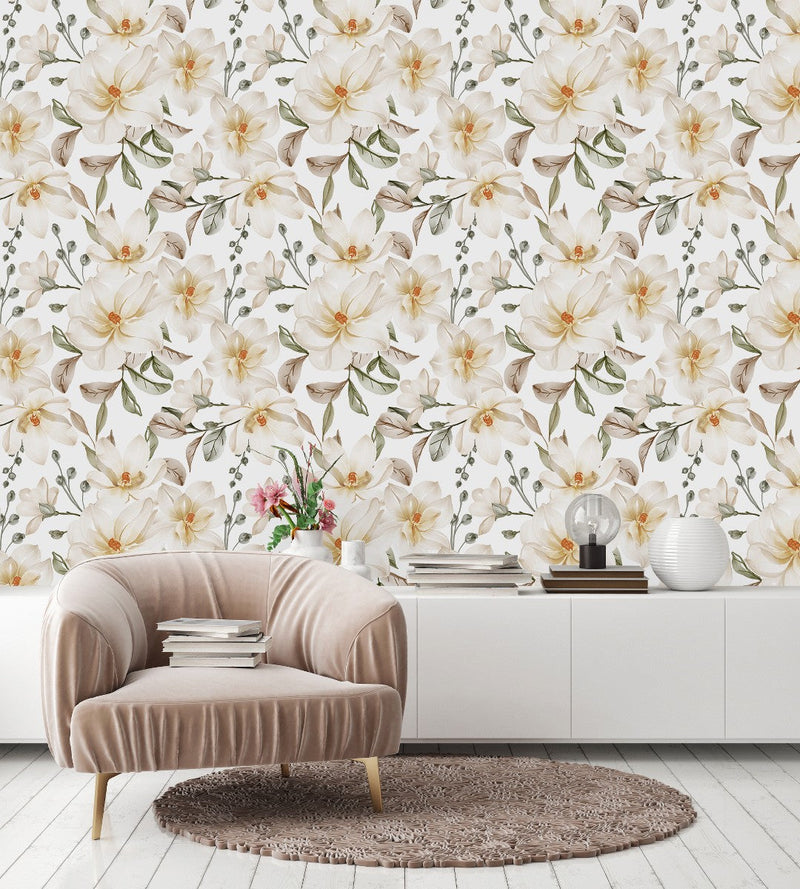 Contemporary White Flowers Wallpaper Smart