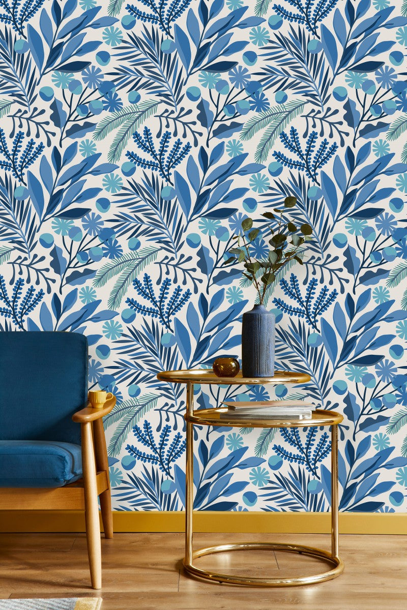 Blue Leaves on White Background Wallpaper