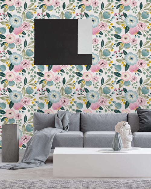 Pastel Flowers on White Wallpaper