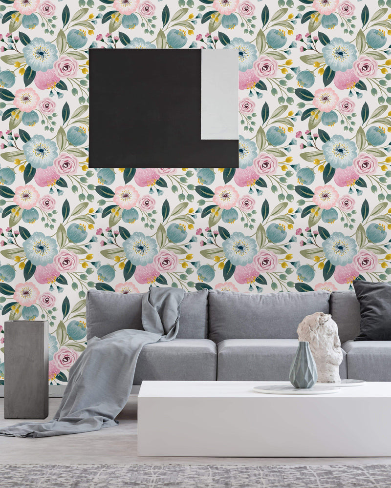 Pastel Flowers on White Wallpaper