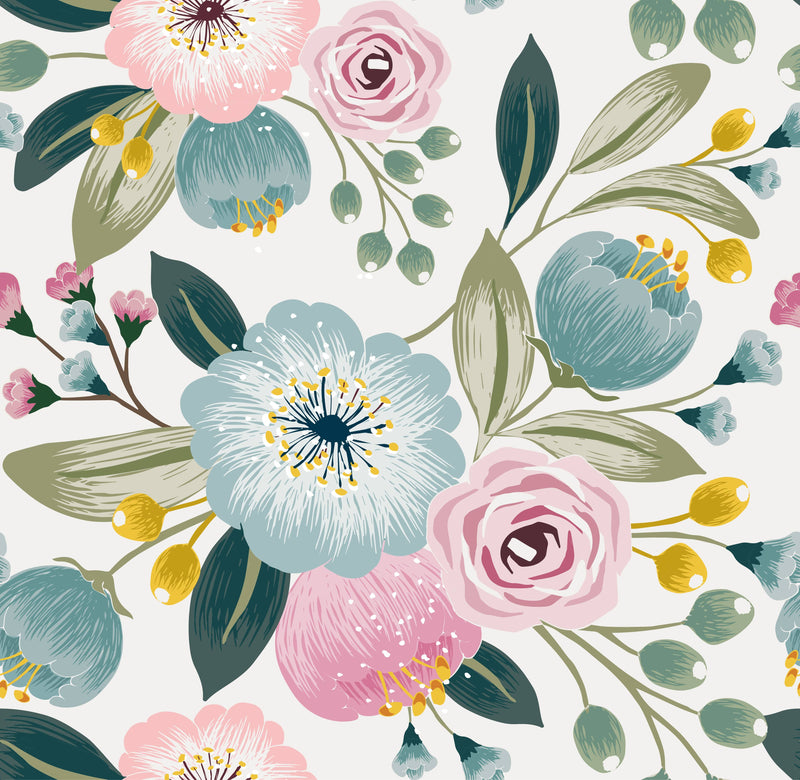 Pastel Flowers on White Wallpaper