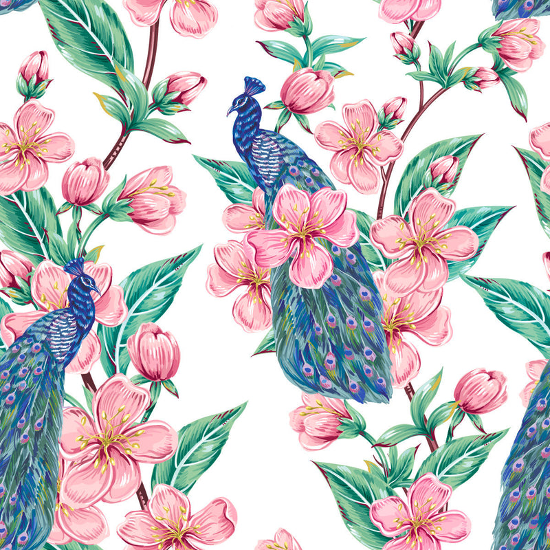 Peacocks with Pink Flowers Wallpaper