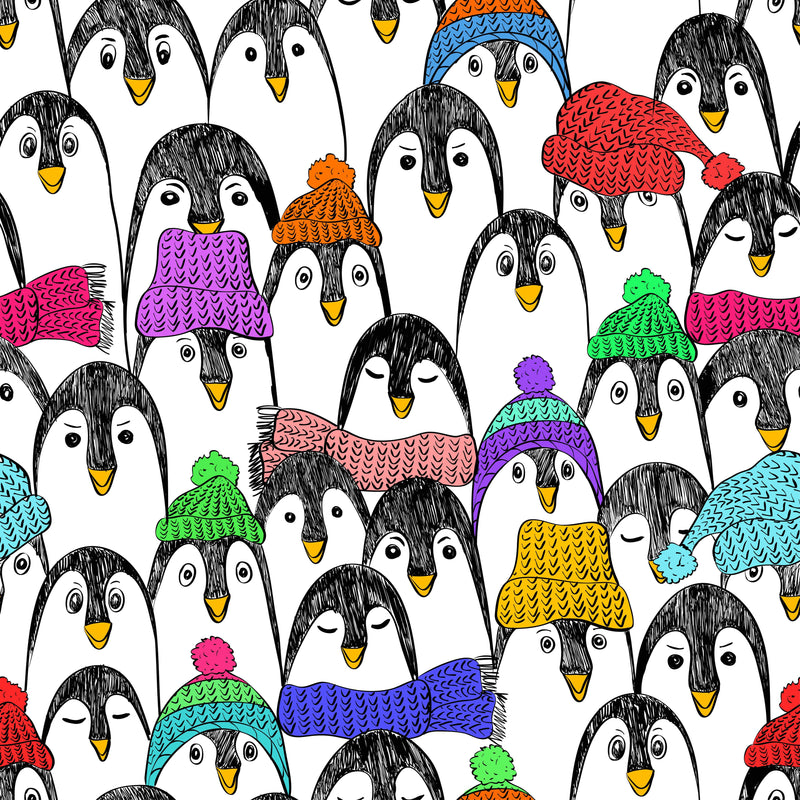 Penguins in Colorful Hats and Scarves Wallpaper