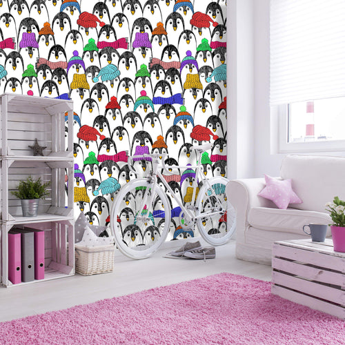 Penguins in Colorful Hats and Scarves Wallpaper