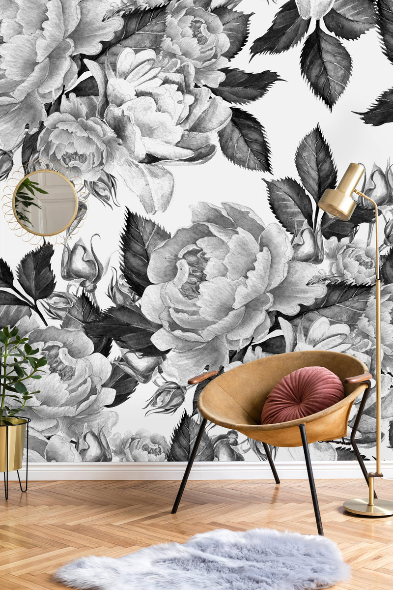 Peonies Flowers Watercolor  Black and White Wallpaper Mural