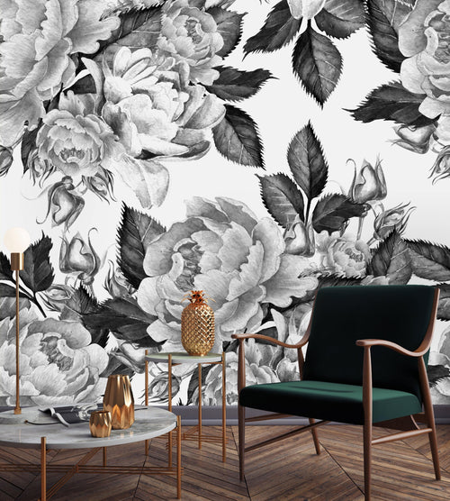 Peonies Flowers Watercolor  Black and White Wallpaper Mural