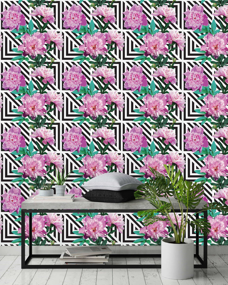 Peony on Geometric Background Wallpaper