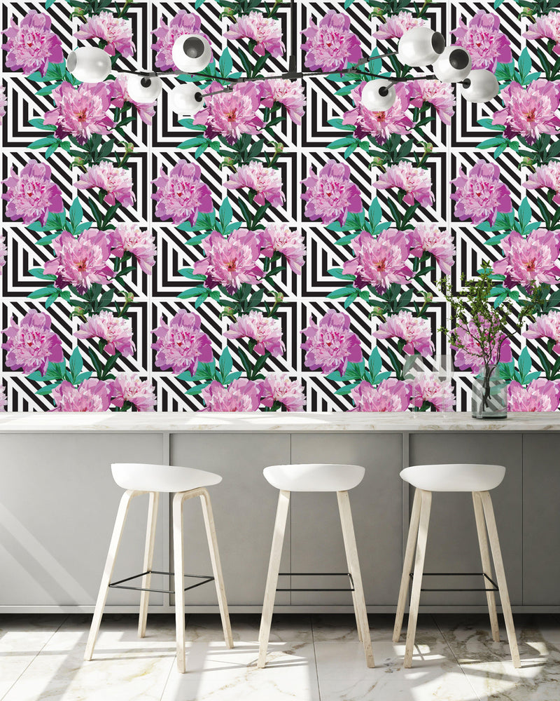 Peony on Geometric Background Wallpaper