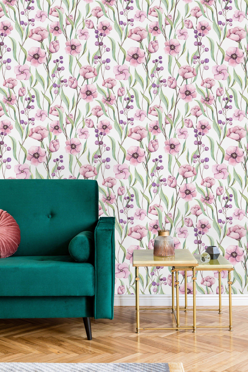 Pink Flowers and Wild Berries Wallpaper
