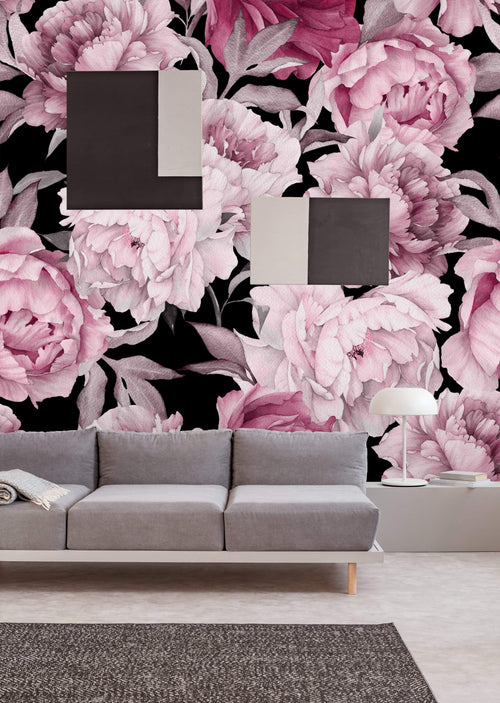 Pink Peony on Black Background Wallpaper Mural