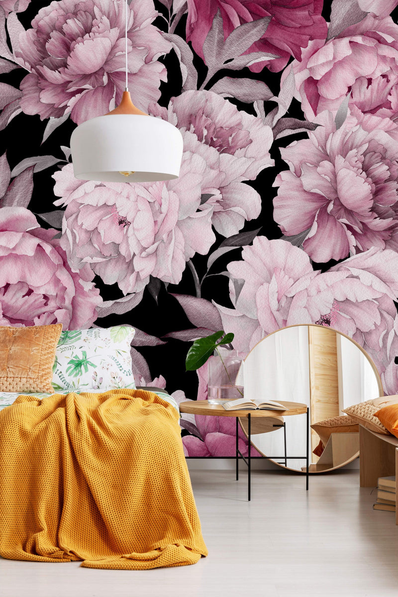 Pink Peony on Black Background Wallpaper Mural