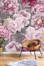 Pink Peony on Gray Background Wallpaper Mural