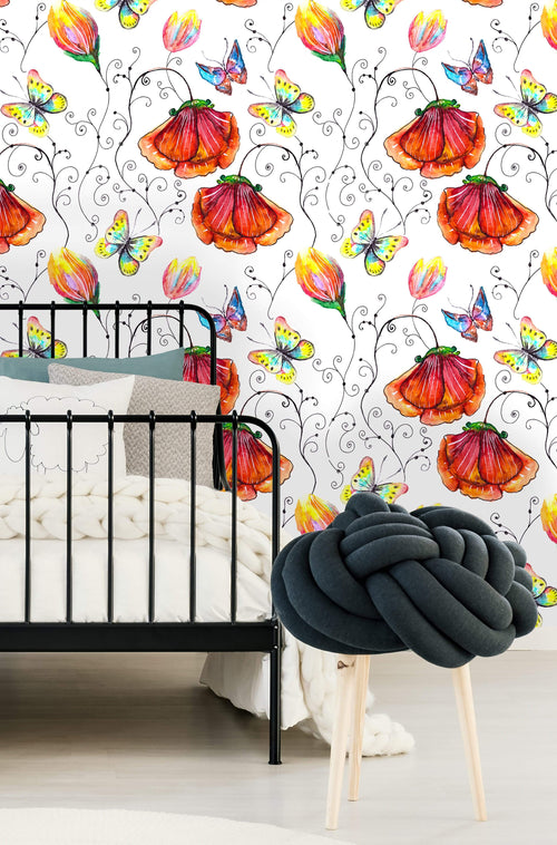 Poppy Flowers and Butterflies Wallpaper