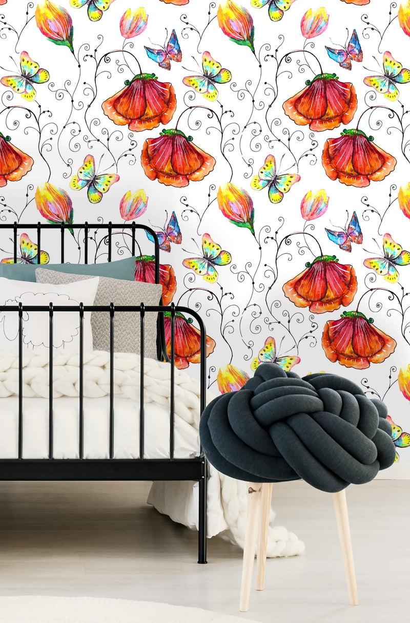 Poppy Flowers and Butterflies Wallpaper