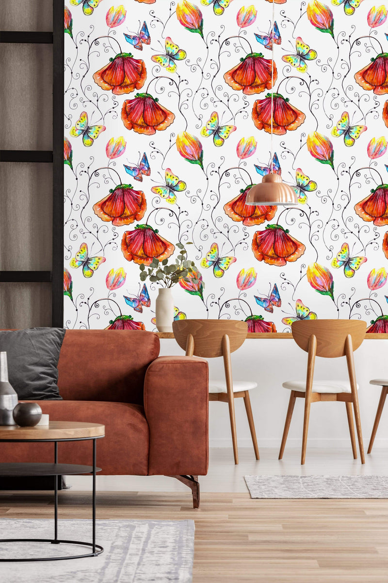 Poppy Flowers and Butterflies Wallpaper