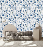 Blue Flowers and Batterflies Wallpaper