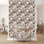 Pink Wallpaper with Leopard and Birds
