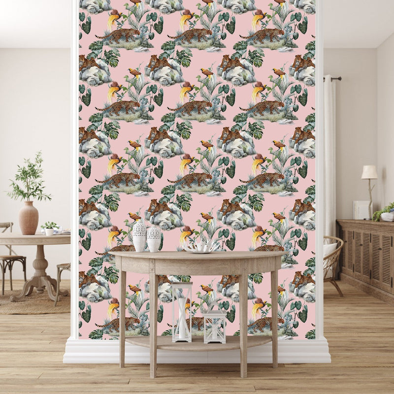 Pink Wallpaper with Leopard and Birds