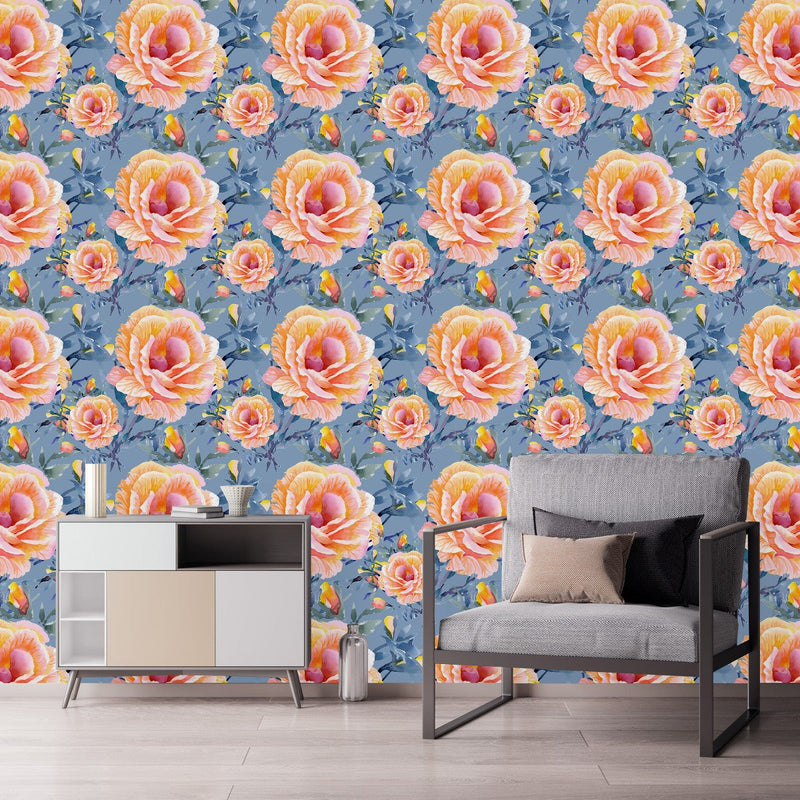 Blue Wallpaper with Roses