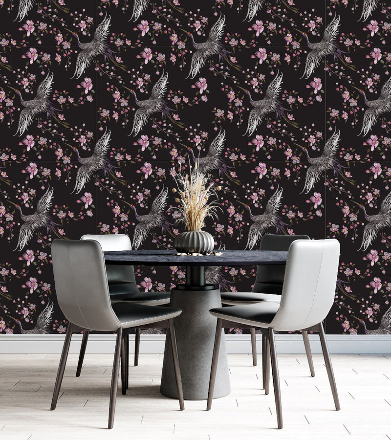 Cranes and Pink Flowers Wallpaper