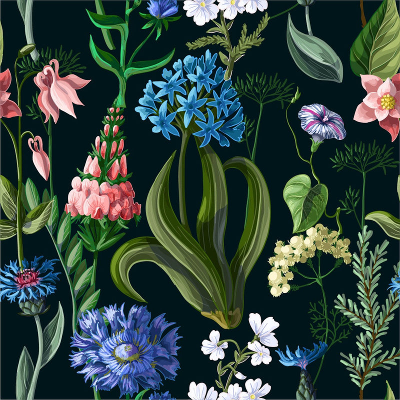 Blue Flowers on Black Background Wallpaper