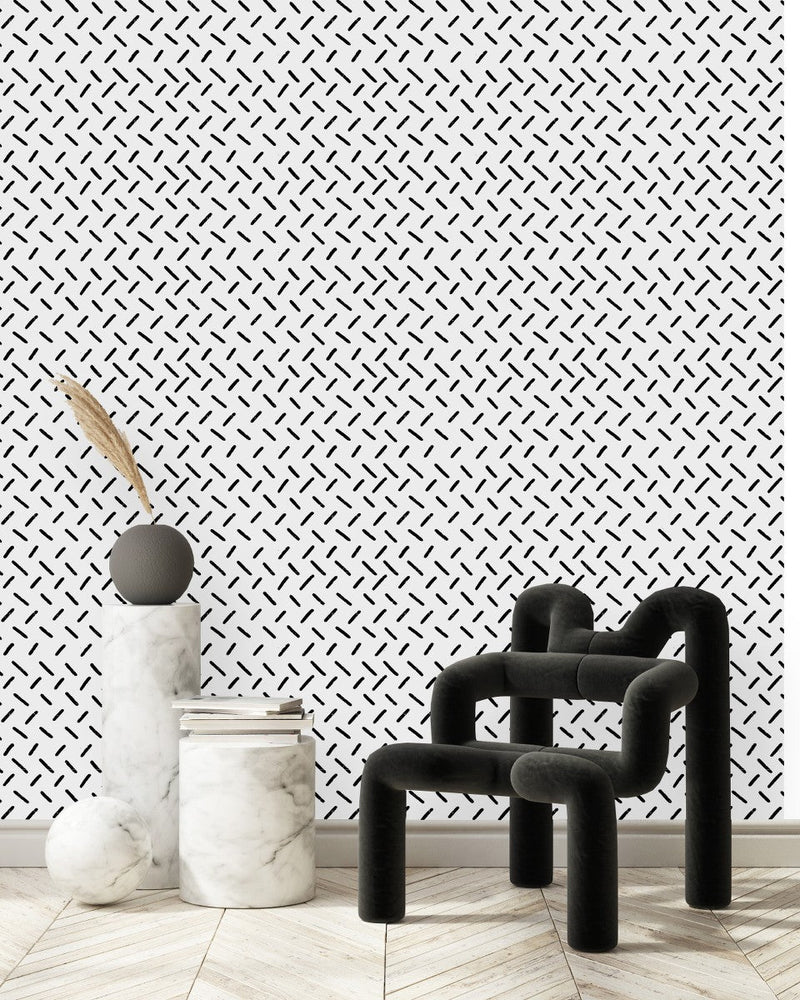 White Wallpaper with Black Dashes